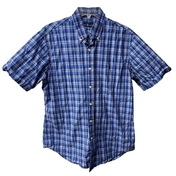 Men’s Ralph Lauren short sleeved collared button down. Blue plaid, size Medium. - Picture 1 of 7